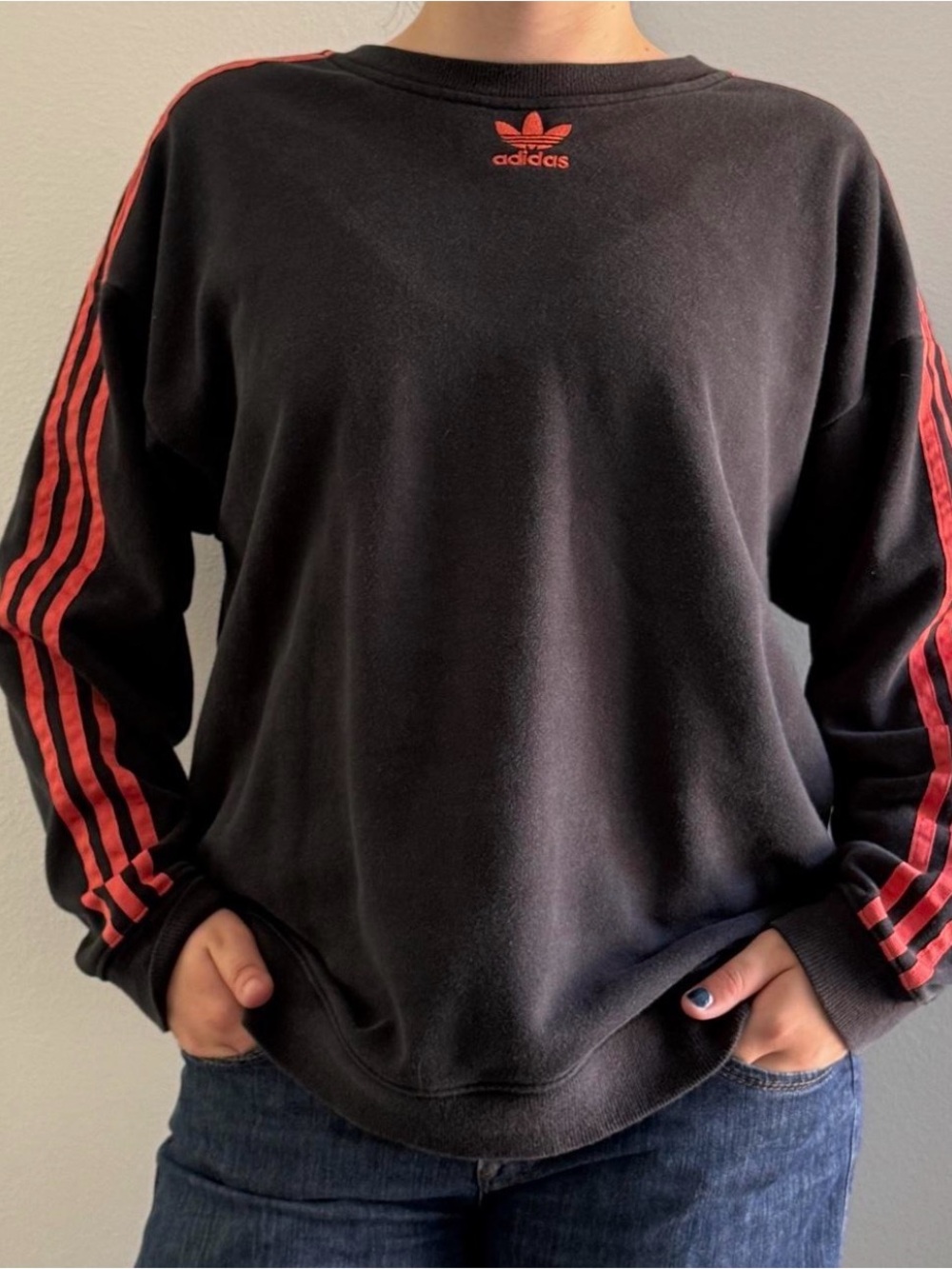 Adidas Women’s Black Crewneck Sweater with Red Stripe Detail